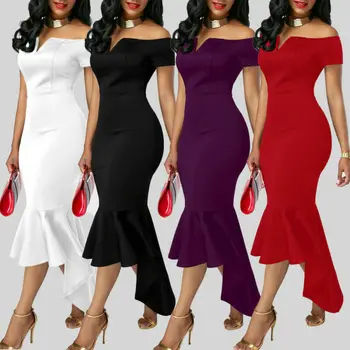 

Women V-neck Short-sleeve Tuxedo Long Maxi Solid Color Dress Off Shoulder Evening Party Summer Tuxedo Sundress
