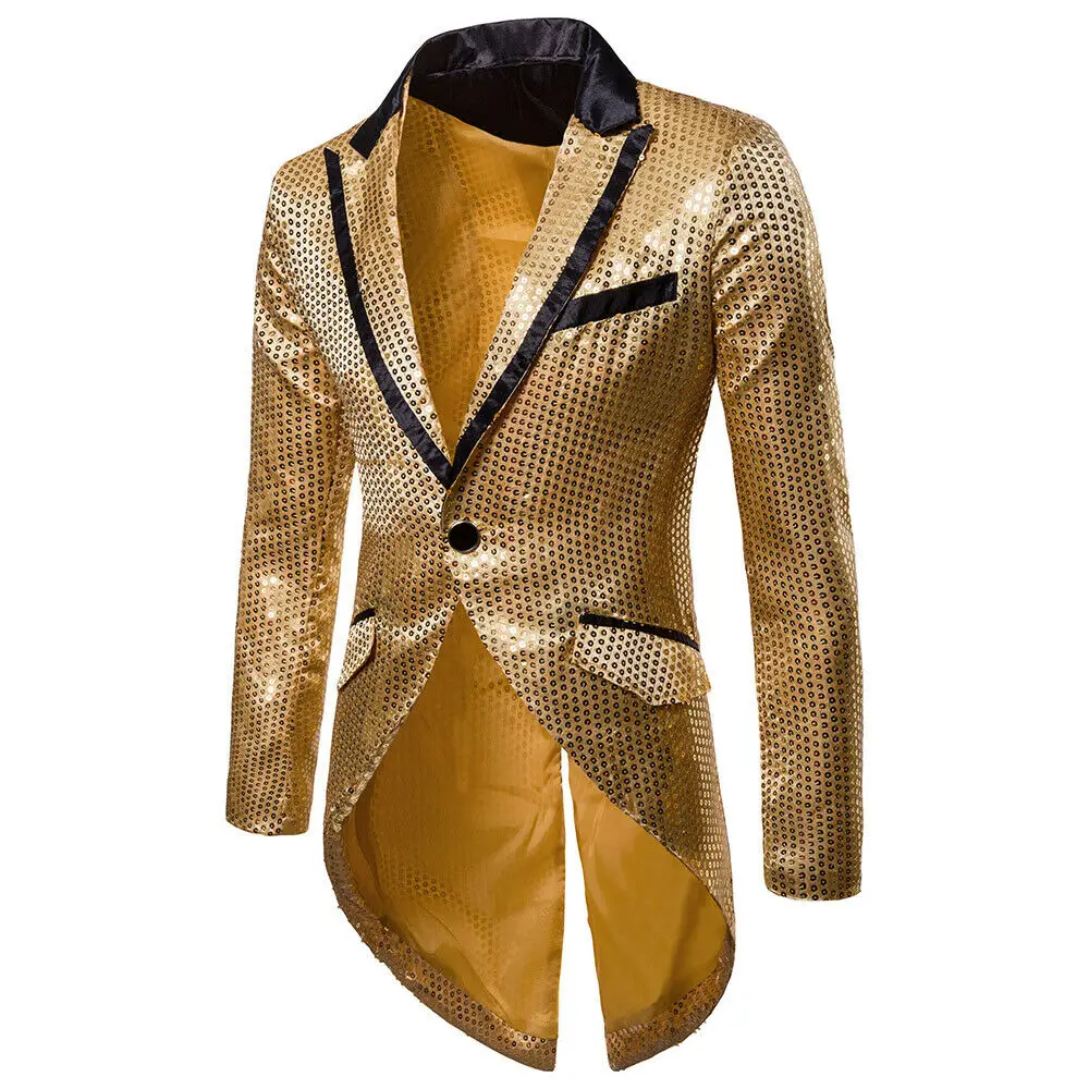 Новинка, мужской повседневный приталенный деловой костюм на одной пуговице, пиджак, пиджак, вечерние мужские блейзеры, парадный костюм для выступлений, ласточкин хвост - Цвет: Золотой