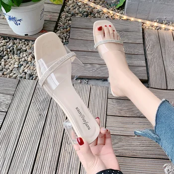

Designer Summer Beach Women Transparent Roman Sandals Brand Girls Rhinestones Thick Med Heels Shoes Ladies Casual Mules Shoes
