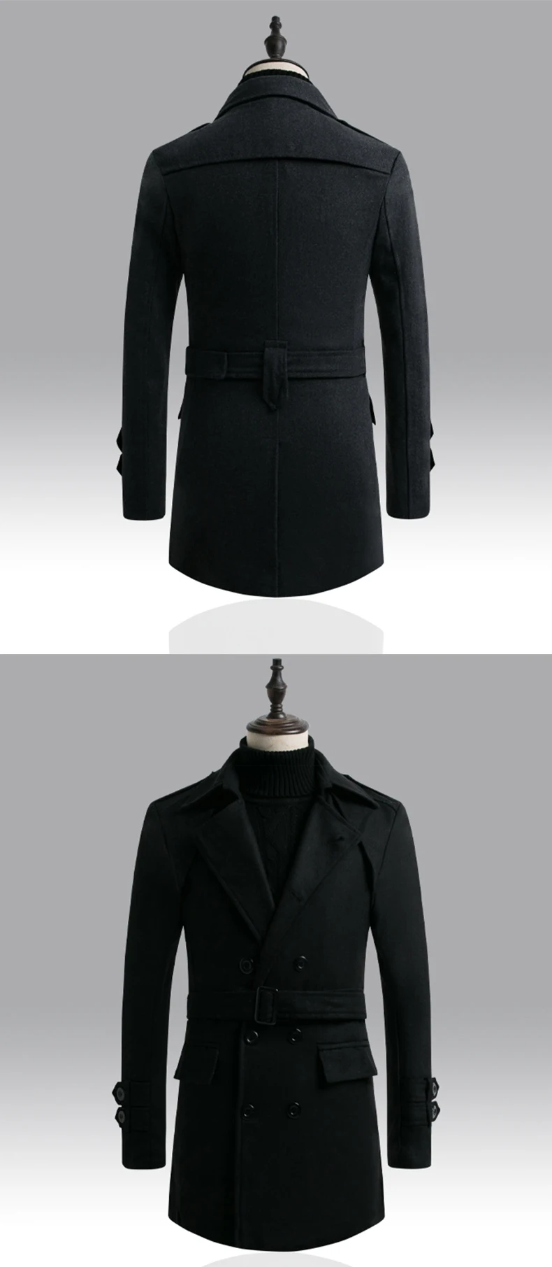 Мужское длинное пальто осеннее модное повседневное шерстяное пальто мужской черный серый двубортный длинный рукав тонкий теплый Полушерстяное пальто