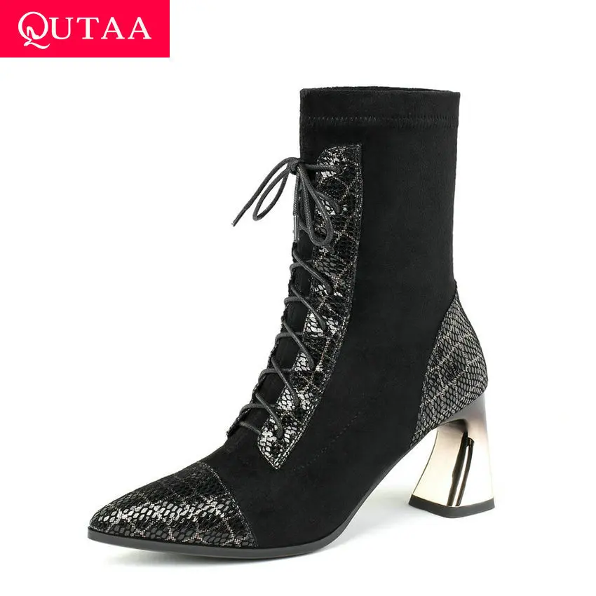 

QUTAA 2020 New Autumn Winter Sexy Pointed Toe Hoof Heel Fashion Women Shoes Sheepskin Flock Lace Up Mid Calf Boots Size 34-39