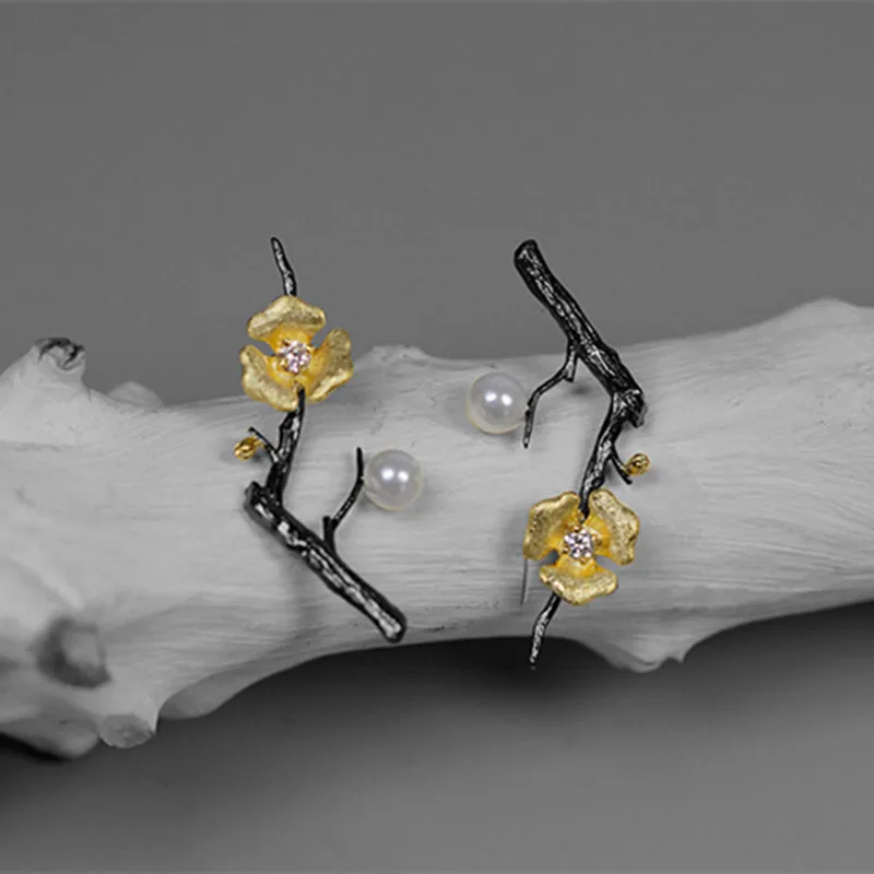 

S.EAST SUN 925 Sterling Silver Handmade elegant flower branch pearl earrings are suitable for women's party wedding gifts
