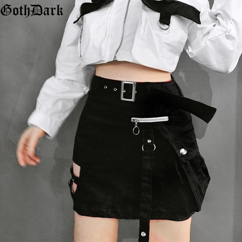Online Goth Dark Solid Black Patchwork Hollow Out faldas para mujer gótico verano 2019 agujero Grunge Eyelet Zipper falda moda Punk