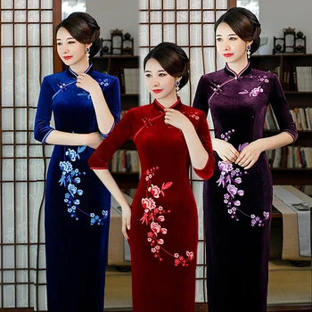 

Shanghai Story New Arrival 3/4 Sleeve long Qipao Dress Velvet Cheongsam Dress Floral Embroiery Chinese Women's dress 3 Color