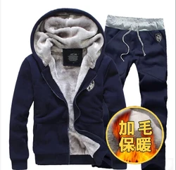 Terno do esporte masculino velo engrossado com capuz cardigan camisola elegante com zíper casaco grosso de duas peças terno 2021 outono e inverno