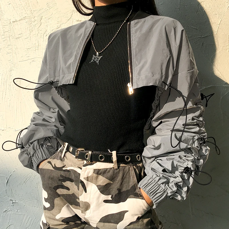 HEYounGIRL Ruched Светоотражающая укороченная куртка для женщин Harajuku хип-хоп Повседневная ветровка пальто с длинными рукавами на молнии