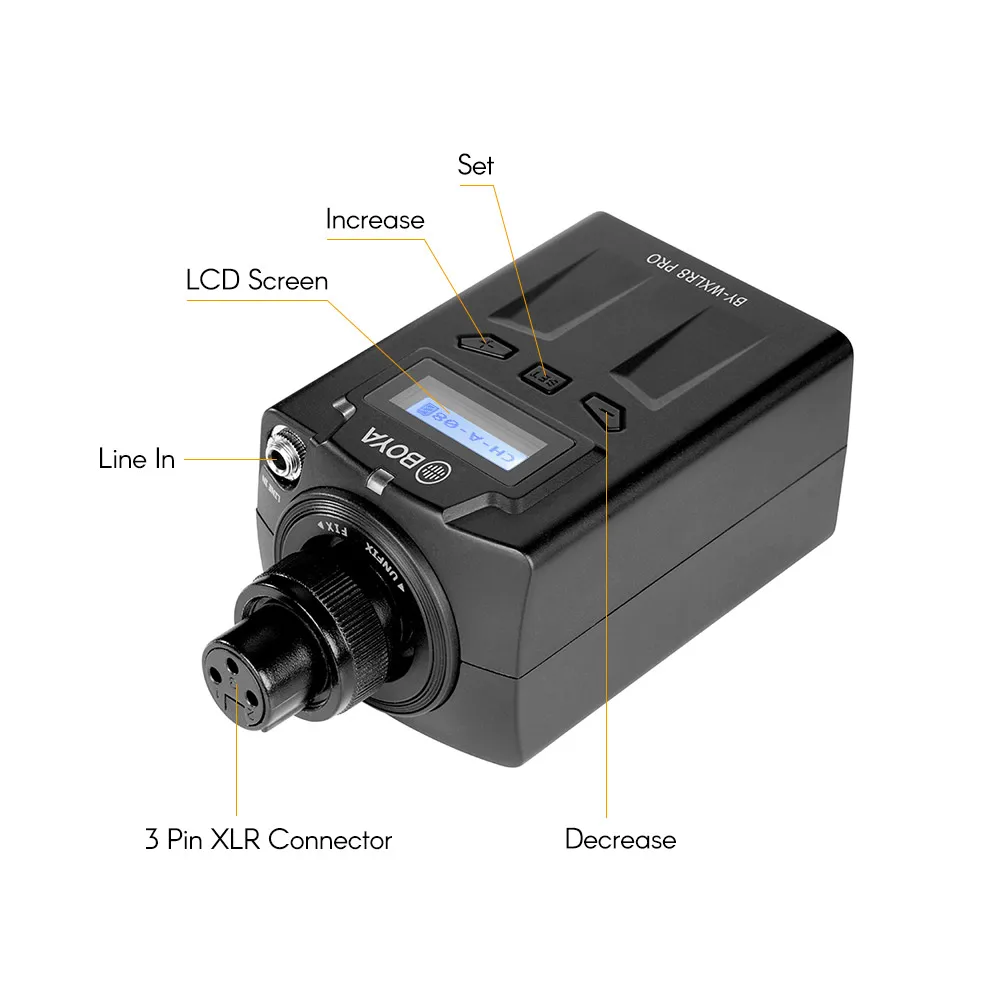 

BOYA BY-WXLR8 Pro 48-Channel Microphone Set Transmitter Plug-on LCD Display XLR 3.5mm LINE IN with BOYA BY-WM8 /BY-WM6 Receiver