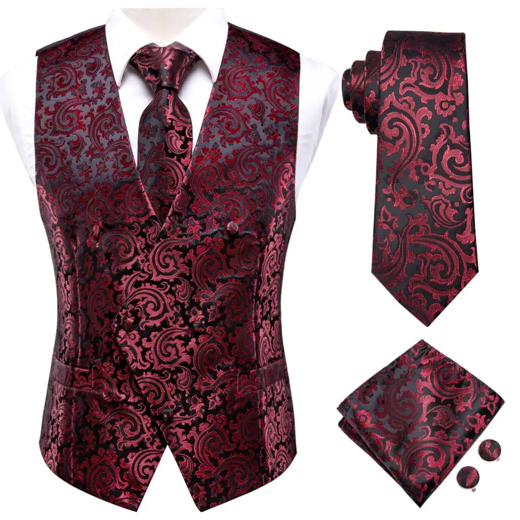 Hi-Tie Jacquard Silk Mens Suit Vests Gold Solid Plain 4PC Waistcoat Tie Hanky Cufflinks Set Business Wedding Dress Waist Jacket blazers Suits & Blazer