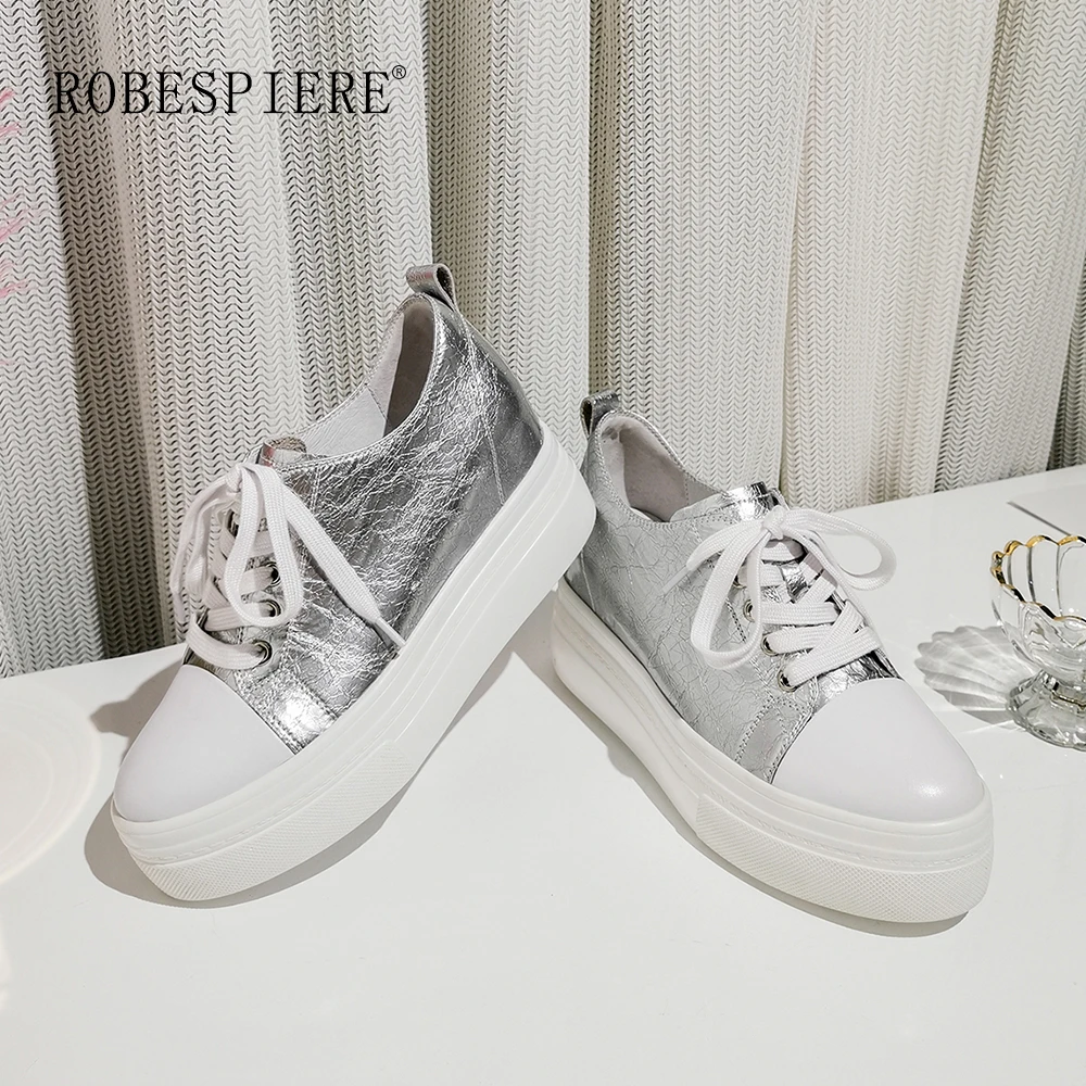 

ROBESPIERE Autumn Women Creepers Increasing Height Shoes Women Casual Lace Up Flats Genuine Leather Woman Platform Footwear A100
