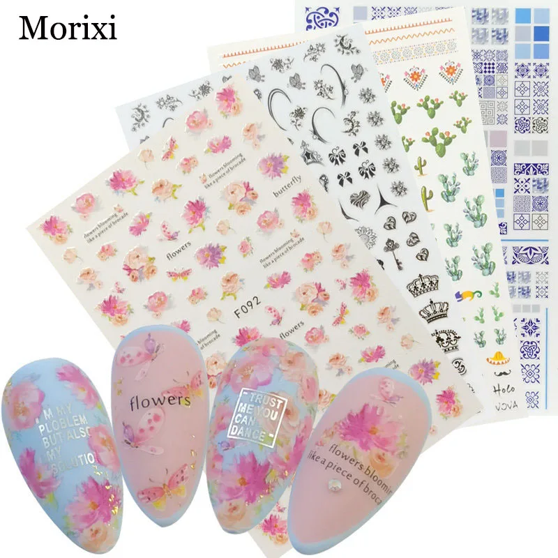 

Morixi nail art sticker big size back glue adhesive for manicure decoration half transparent plant flower nail decals FW080