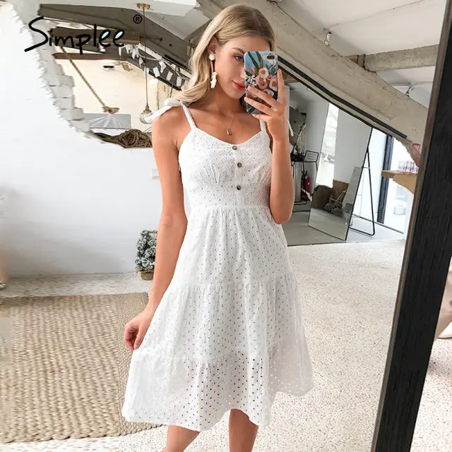 Simplee Casual white women summer beach dress Bow-knot spaghetti embroidery female midi dress backless holiday dress vestidos 2