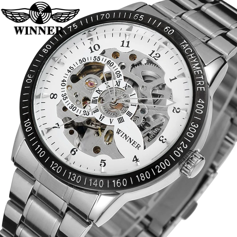 Новинка, часы WINNER Relojes, Топ бренд, мужские, классические, нержавеющая сталь, самовзводные, скелет, механические часы, модные, крест, наручные часы - Цвет: silver white