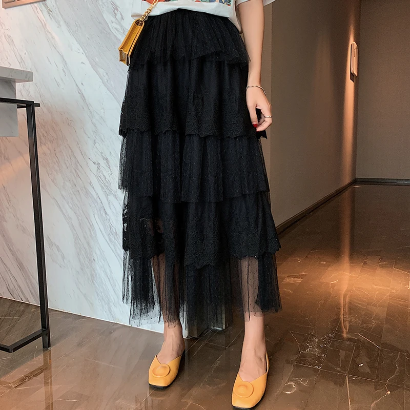 

2colors maxi long tulle cake lace skirt ball gown tutu skirts womens vintage lolita high waist long skirts womens (mm7962)