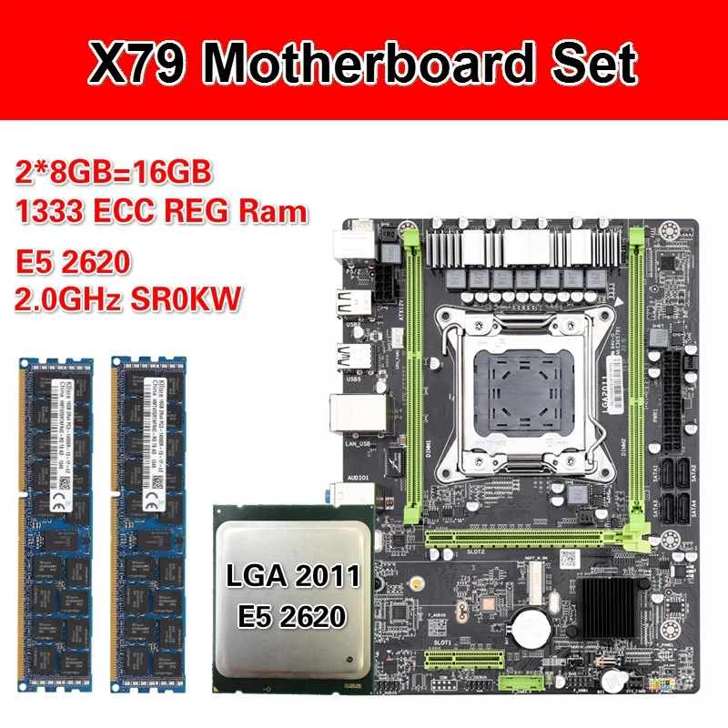 Kllisre X79 M2 материнская плата с LGA 2011 E5 2620 2 × 8 ГБ = 16 Гб 1333 МГц DDR3 память ECC Reg