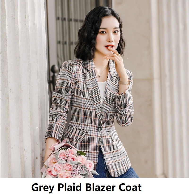 Grey Plaid Модная клетчатая форма, стильные элегантные пиджаки, куртки, пальто для женщин, деловая рабочая одежда, повседневные женские топы с длинными рукавами, верхняя одежда - Цвет: Grey Plaid