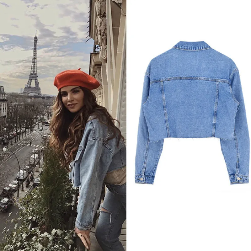 Женская короткая джинсовая куртка укороченная с длинным рукавом и широкой