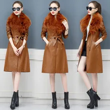 Зимнее кожаное пальто для женщин с начесом и толстым мехом средней длины в Корейском стиле стиль приталенное Облегающее с большим мехом