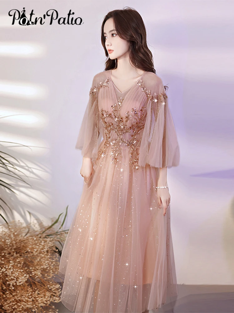 Fancy Pink Tulle Women Evening Dresses 2021 Elegant V-Neck Backless Pleated Appliques Tea-Length Formal Gowns party gown