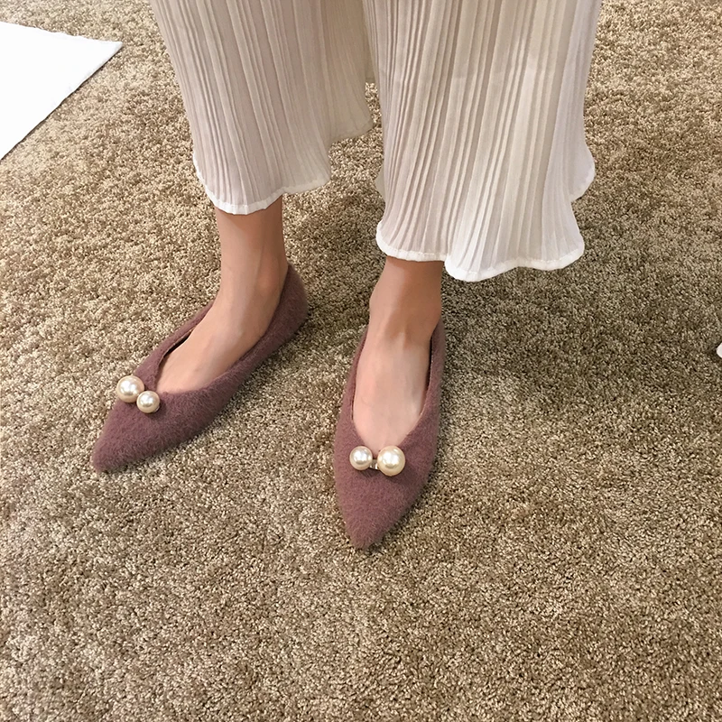 String bead pointed toe fur loafers solid shallow celebrities shoes woman tender slip on flats tassel femme furry moccasins