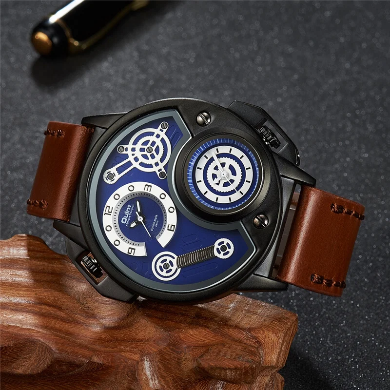 

Oulm Man Quartz Analog Watch Male Genuine Leather Strap Watches Dual Time Sports Wrist Watches Luxury Men Quartz Clock