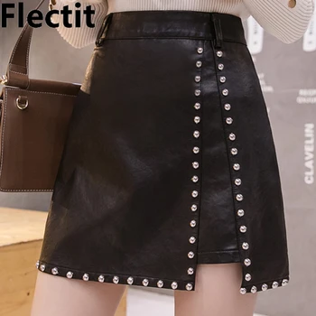 

Flectit Womens Faxu Leather Studded Mini Skirt High Waisted A-Line Black Rivets Skirt Cool Punk Style *