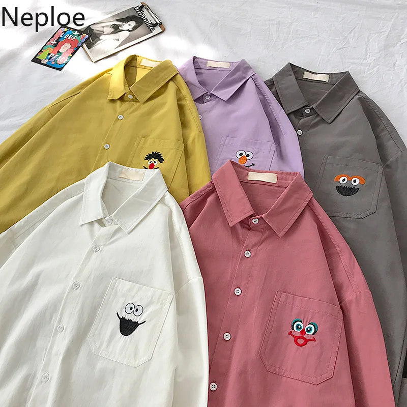 Neploe рубашка с длинным рукавом для мужчин женщин Blusa свободная Осенняя Новая блузка унисекс Улица Сезам Пара рубашка Повседневная мультяшная Вышивка Топ