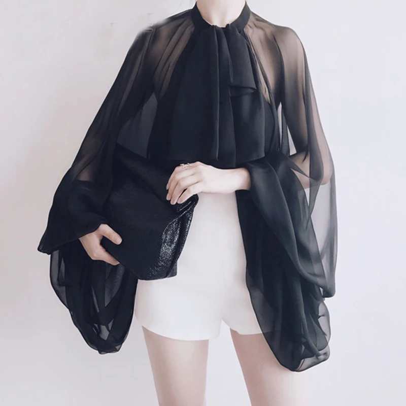

Bowknot Chiffon Blouse Shirt Women Lantern Sleeve Tulle Transparent Sexy Tops Large Size 2019 Spring Summer Casual