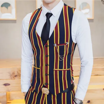 Chaleco de estilo británico a la moda para Hombre, con estampado de rayas, hebilla de una fila, camarero, club nocturno, ropa de trabajo, 2020