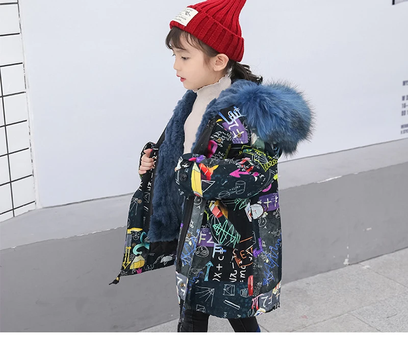 Новая одежда для мальчиков и девочек длинная стеганая одежда зимняя куртка детские теплые утепленные пальто с мехом кролика рекс верхняя одежда, парки