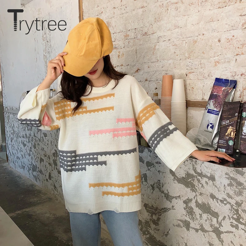 Trytree Winter Women Casual Sweater O-neck Lantern Sleeve Computer Knitted Geometric Knitted Loose Office Lady Sweater Top