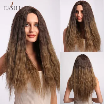 

EASIHAIR Synthetic Hairline Lace Part Wigs Brown Blonde Ombre Long Curly Hair Cosplay Wigs for Black Women Brazilian American