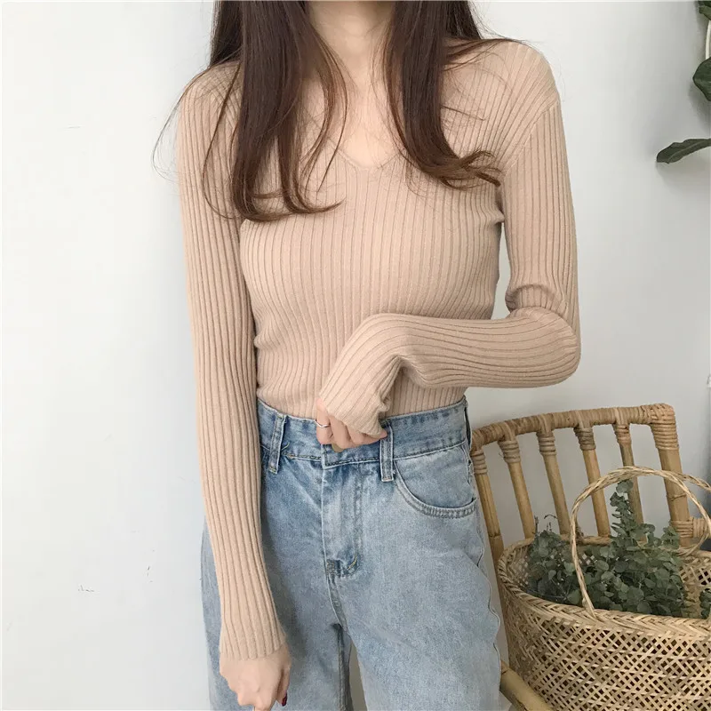 

Solid V Neck Knitted Pullovers Sweaters Women 2020 Autumn Winter Primer Shirt Long Sleeve Slim-fit tight Jumper Tops