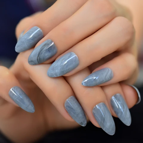 Long STILETTO False Nails Pre-designed Curved Pink Marble Press On Nails including glue sticker