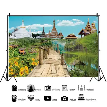 

Laeacco Castle House Sunflower Outdoor Scenic River Forest Trees Boat Sky Baby Birthday Photography Backdrop Photo Background