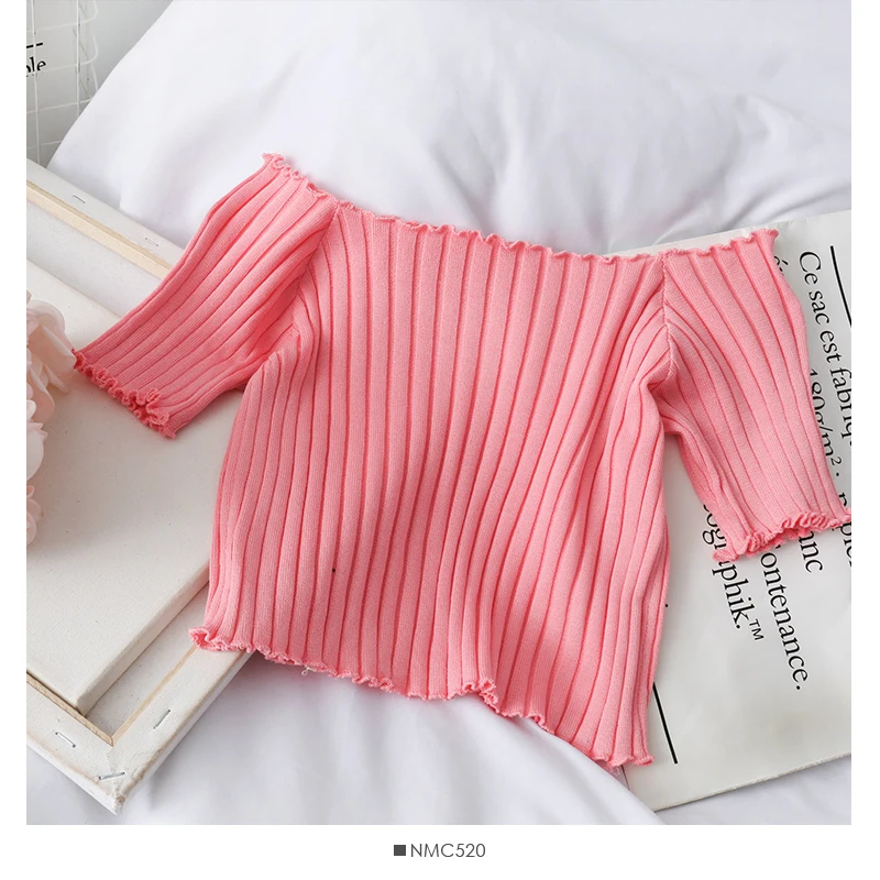 HELIAR Women Off Shoulder T-shirts Knitting Crop Tops Women Short Sleeve Cute Ruffles Hem T-shirts For Women 2021 Summer