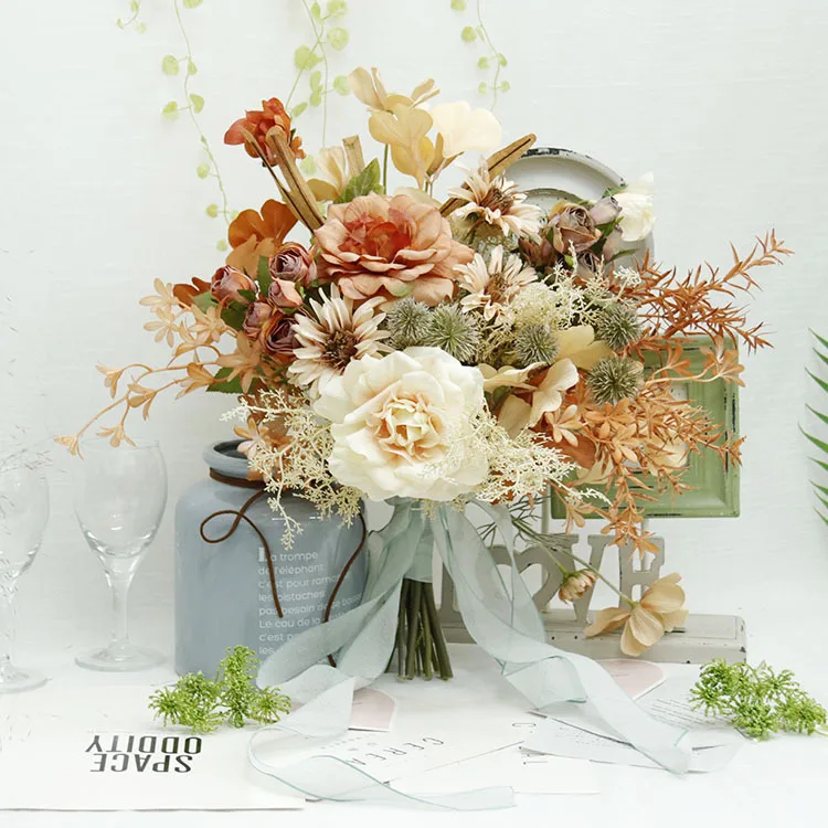 Vintage Artifical Flowers Brides Bouquets for Wedding Photography Silk Peony Flowers Fake Wedding Bouquet