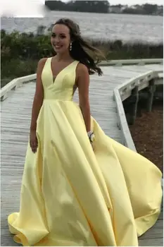 

Yellow Prom Dresses V Neck Satin Sleeveless robe de soiree Celebrity Party Dresses A-Line Plunging Back Cheap Evening Dresses