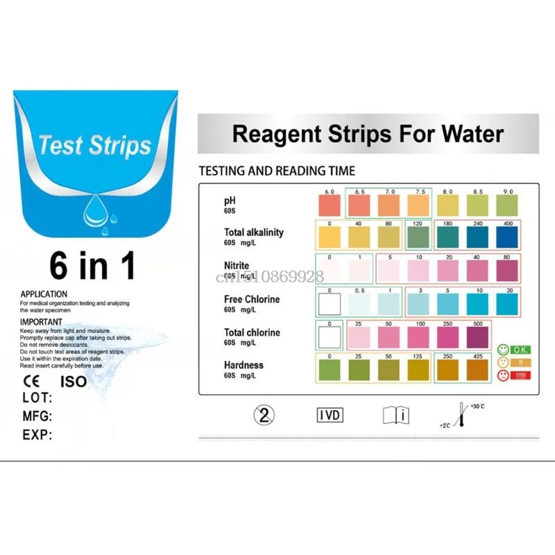 50 шт тест-полоски для воды 6в1 pH Нитрит Щелочность хлора тест-бумага 448A