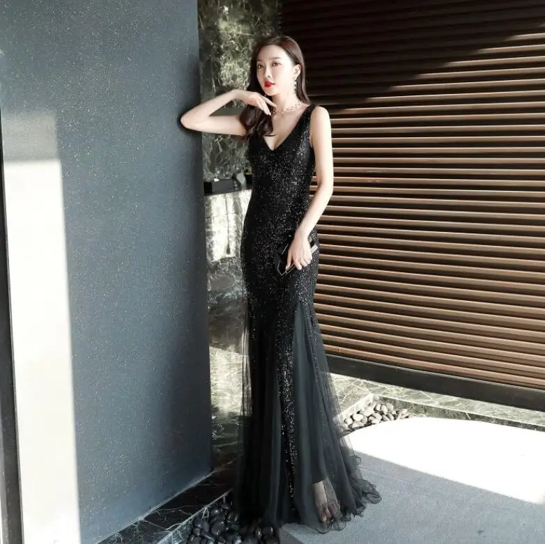 AE478 Robe De Soiree сексуальные с v-образным вырезом Длинные элегантные вечерние платья Русалка присборенные вечерные одежды без рукава Винтаж - Цвет: Черный