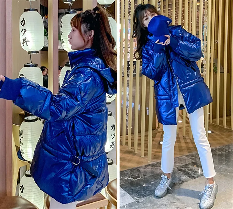 Женские зимние куртки короткое теплое пальто Harajuku хлебный Стиль Женская парка Толстая с капюшоном Глянцевая хлопковая стеганая куртка Верхняя одежда синий W1391