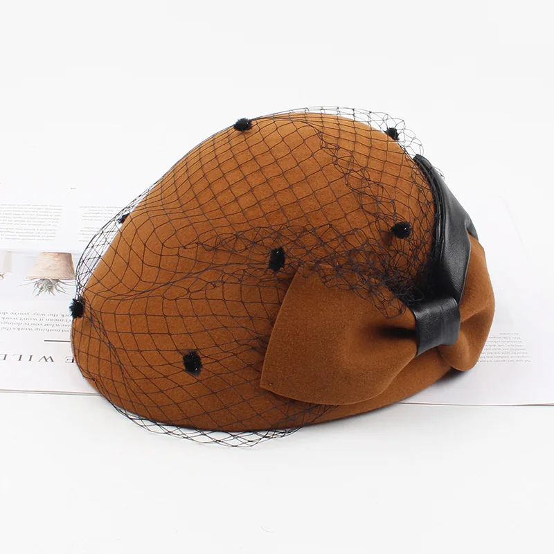 01910-2019090007 pu bowknot wool warm flower lace lady beret cap women leisure Pumpkin hat