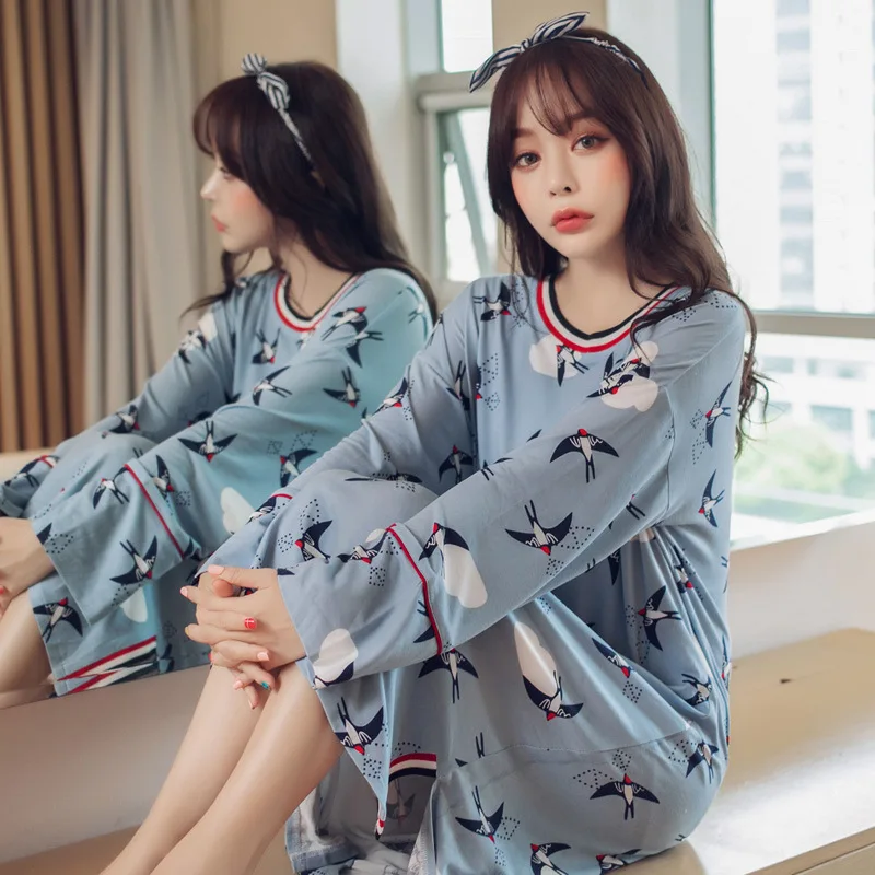 

2019 New Style Long Sleeve Household Skirt Korean-style Crew Neck Lycra One-Piece from the Grant Cartoon Medium-length Nightgown