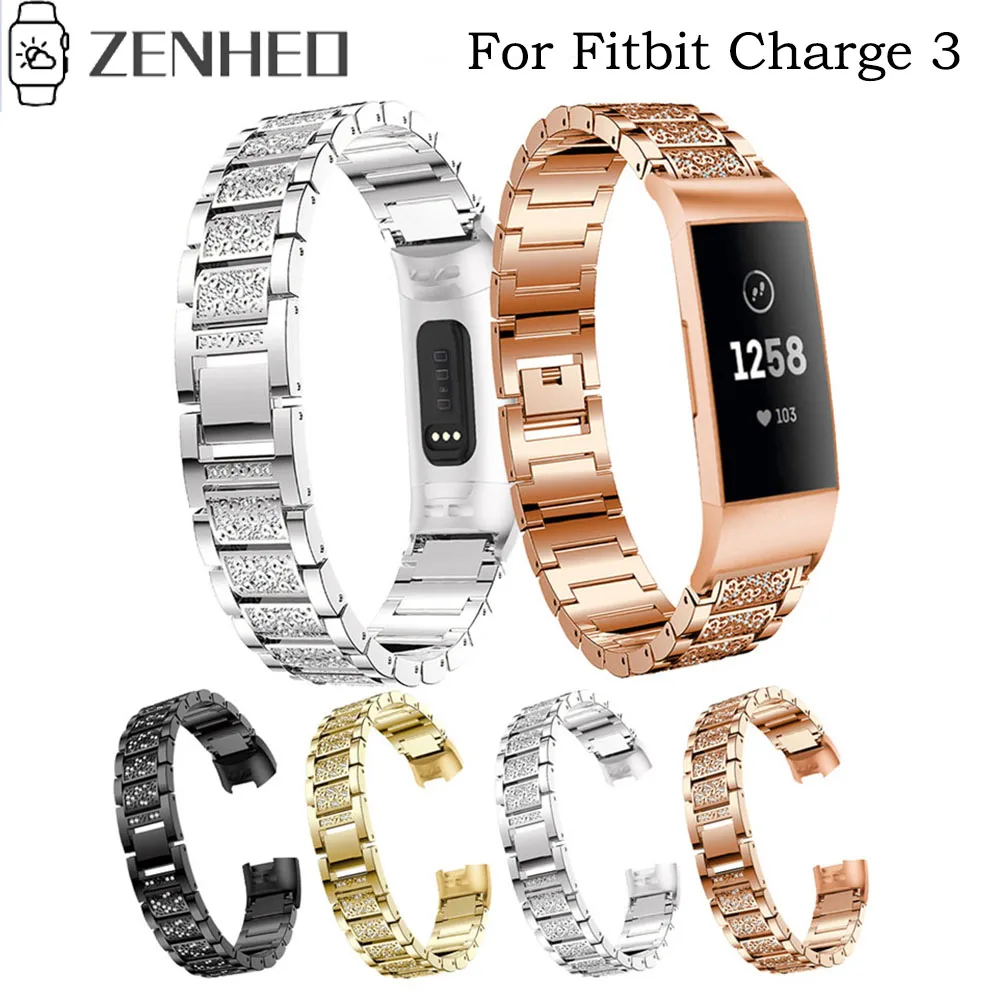 Ремешок для часов Fitbit Charge 3, ремешок для наручных часов из нержавеющей стали, металлический ремешок, блестящие стразы, браслет для Fitbit Charge 3