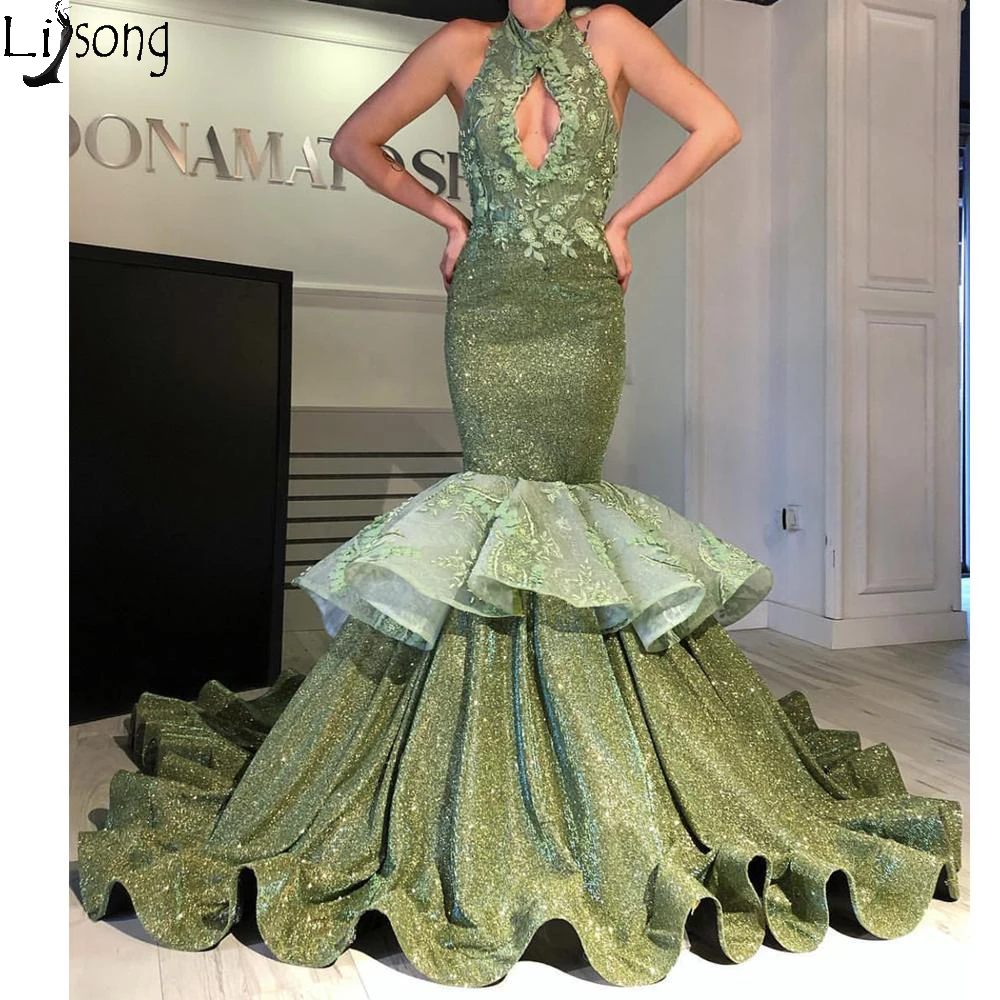 

Green Olive Mermaid Evening Dresses 2020 Couture Tiered Ruffles Skirt Glitter Prom Gown Formal Dress High Keyhole Neck vestido