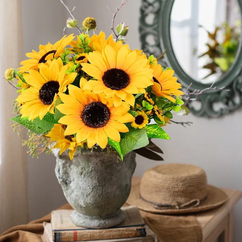 Sunflowers Artificial Flower Bouquet Yellow Fake Silk Wedding Party Home Decora 