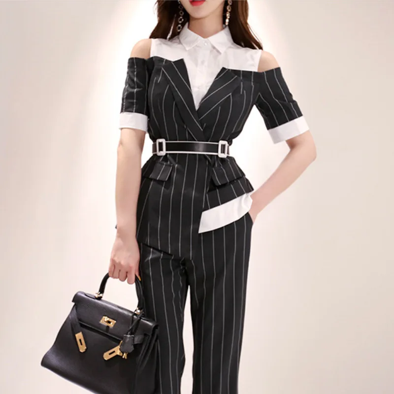 

2020 Spring And Summer New Style Korean-style Fashion Suit Collar Contrast Color Belt Stripes Boot-Cut Trousers Two-Piece Set