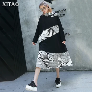 

XITAO False Two Piece Striped Dress Women Korea Fashion Patchwork Turn Down Collar Loose Plus Size Goddess Fan Dress GWY2433