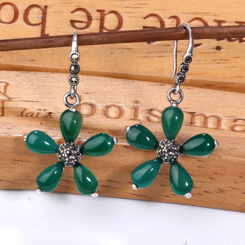 Женские серьги-подвески из серебра 100% пробы с натуральным халцедоном | Украшения