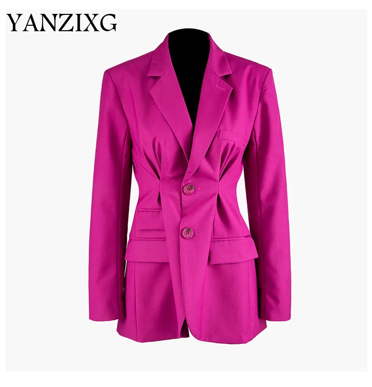 

Loose Fit Dark Blue Waist Pleated Spliced Jacket New Lapel Long Sleeve Women Coat Fashion Tide Autumn Winter 2019 Z832