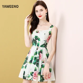 

Yaweeno 2020 New Runway Fashion Summer Dresses Women's High-Quality Cotton Printed Sling Luxury Vacation A Line Mini Dress